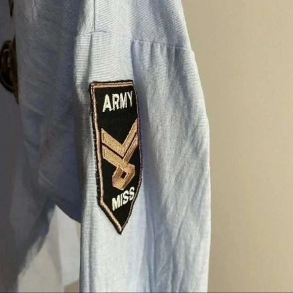 🍁 Zara lt blue button down army patched embroideries XS - Picture 6 of 10